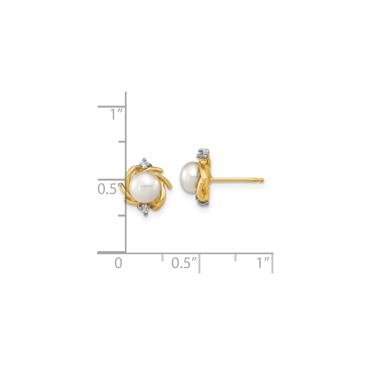 14k Yellow Gold Pearl Stud Earrings with Diamond Accents, Floral Design for Women