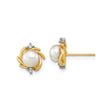 14k Yellow Gold Pearl Stud Earrings for Women with Round White Cultured Pearls and Sparkling Diamond Accents in a Floral Inspired Setting, Elegant Jewelry for Formal Wear or Special Occasions