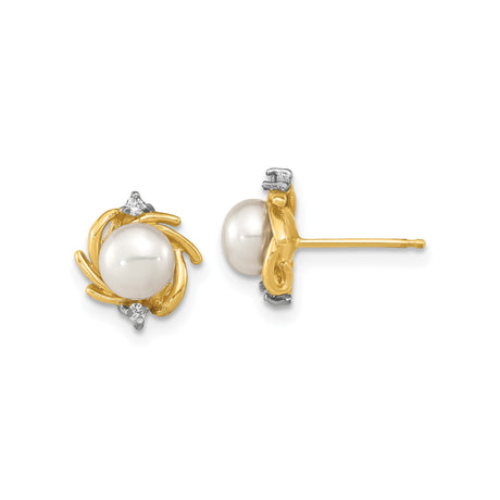 14k Yellow Gold Pearl Stud Earrings for Women with Round White Cultured Pearls and Sparkling Diamond Accents in a Floral Inspired Setting, Elegant Jewelry for Formal Wear or Special Occasions