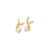 14k Yellow Gold Stud Earrings with Round Freshwater Pearls, Modern Wave Design for Women