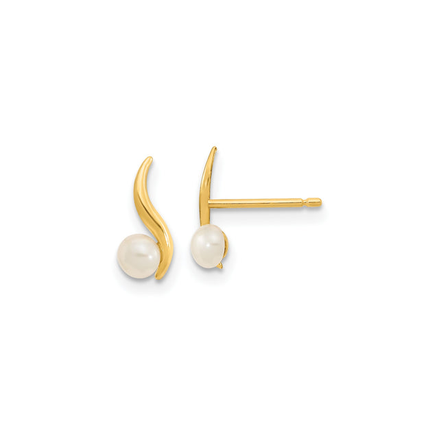 14k Yellow Gold Stud Earrings with Round Freshwater Pearls, Modern Wave Design for Women