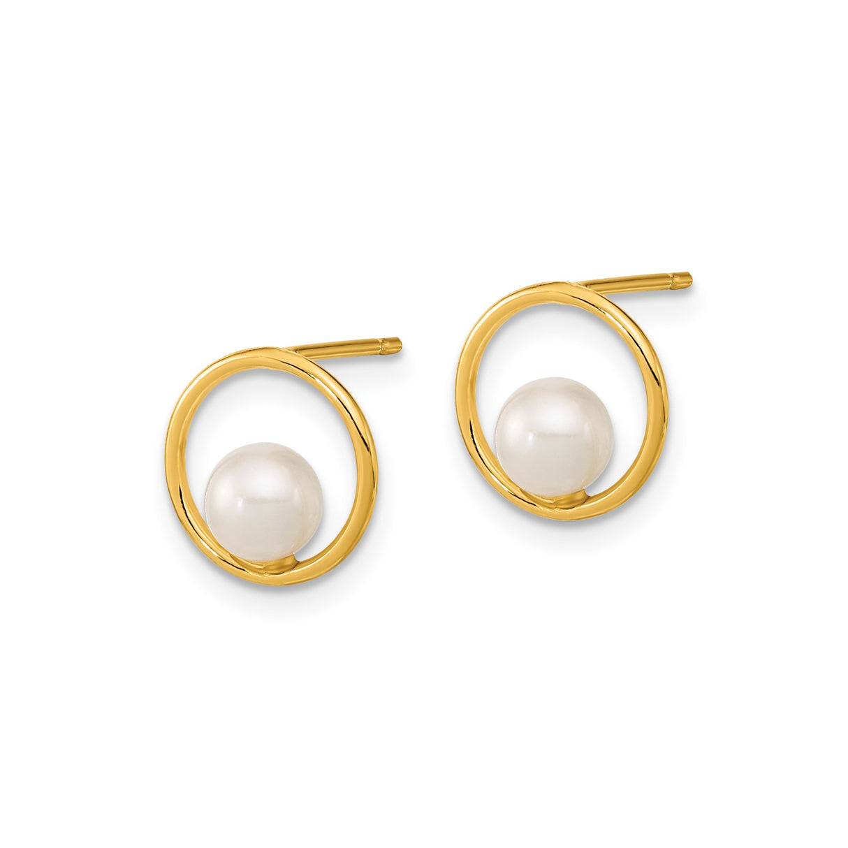 14k Yellow Gold Stud Earrings with White Pearls, Open Circle Design, Minimalist Style