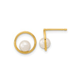 14k Yellow Gold Stud Earrings with White Pearls, Open Circle Design, Minimalist Style