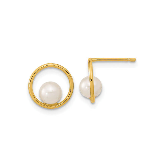 14k Yellow Gold Stud Earrings with White Pearls, Open Circle Design, Minimalist Style