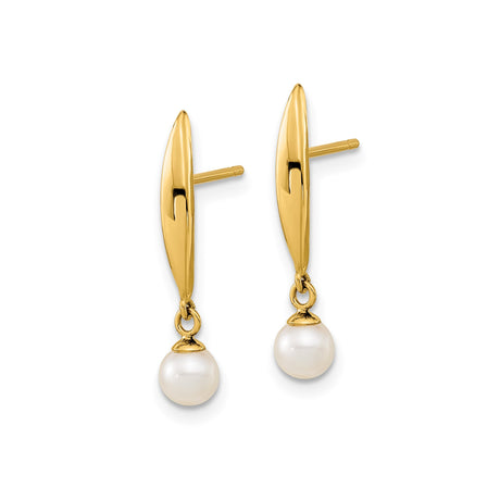 14k Yellow Gold Dangle Earrings with Cultured White Pearl Drops, Modern Curved Bar Design