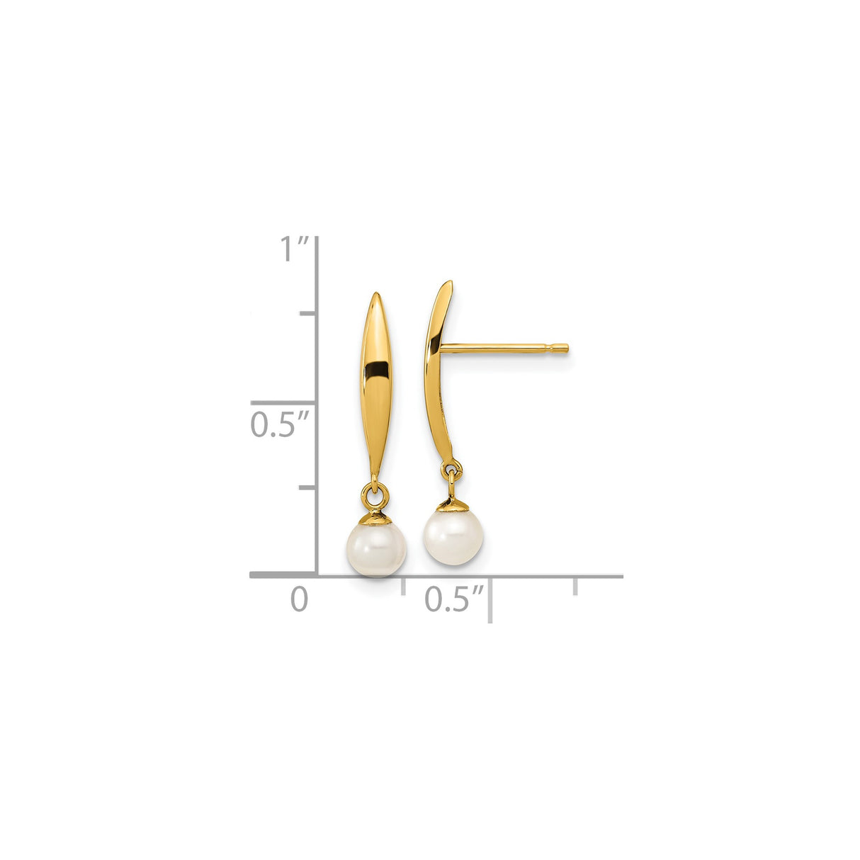 14k Yellow Gold Dangle Earrings with Cultured White Pearl Drops, Modern Curved Bar Design