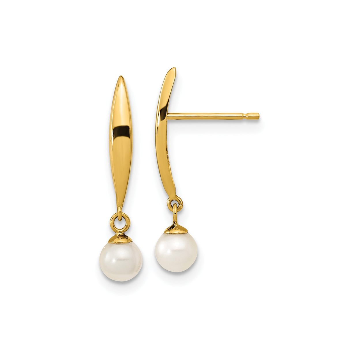 14k Yellow Gold Dangle Earrings with Cultured White Pearl Drops, Modern Curved Bar Design