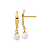 14k Yellow Gold Dangle Earrings with Cultured White Pearl Drops, Modern Curved Bar Design