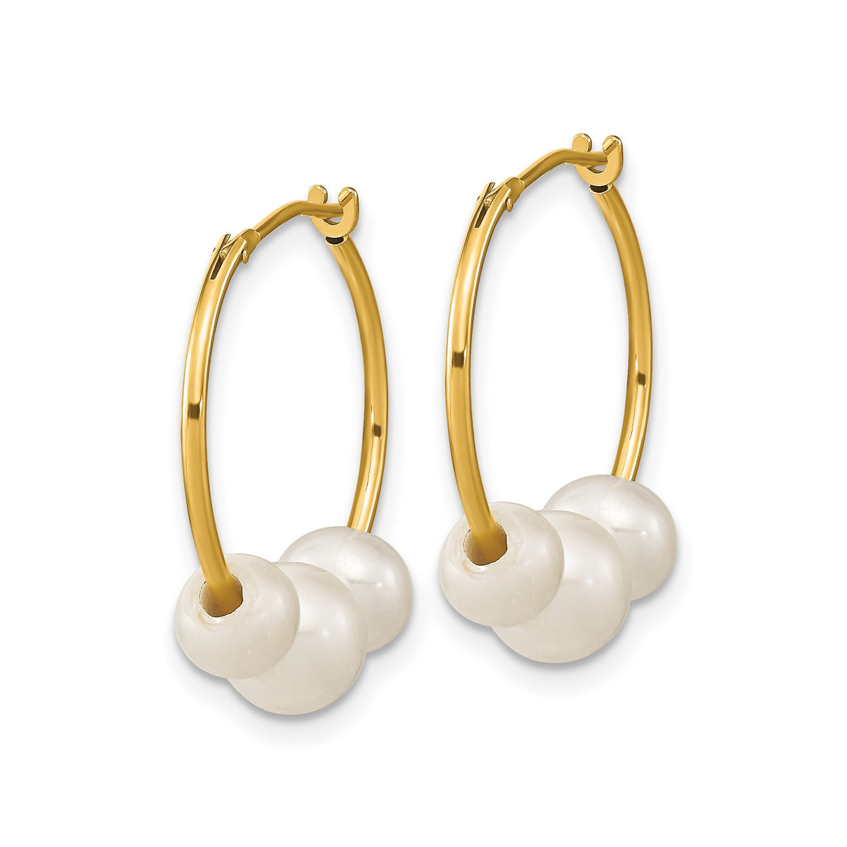 14k Yellow Gold Hoop Earrings with White Freshwater Pearls, Classic Lightweight Design