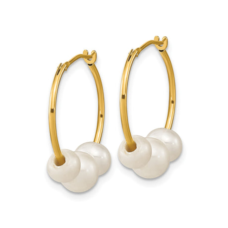 14k Yellow Gold Hoop Earrings with White Freshwater Pearls, Classic Lightweight Design
