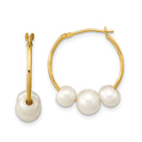 14k Yellow Gold Hoop Earrings with White Freshwater Pearls, Classic Lightweight Design