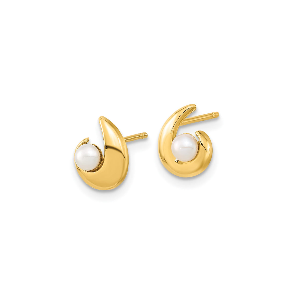 14k Yellow Gold Crescent Swirl Stud Earrings with White Pearl Center, Modern Minimalist Style