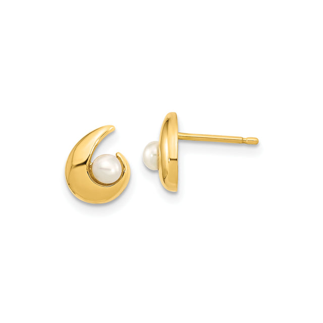 14k Yellow Gold Crescent Swirl Stud Earrings with White Pearl Center, Modern Minimalist Style