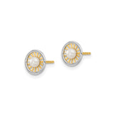 14k Two-Tone Gold Stud Earrings with Round White Pearl and Sunburst Design