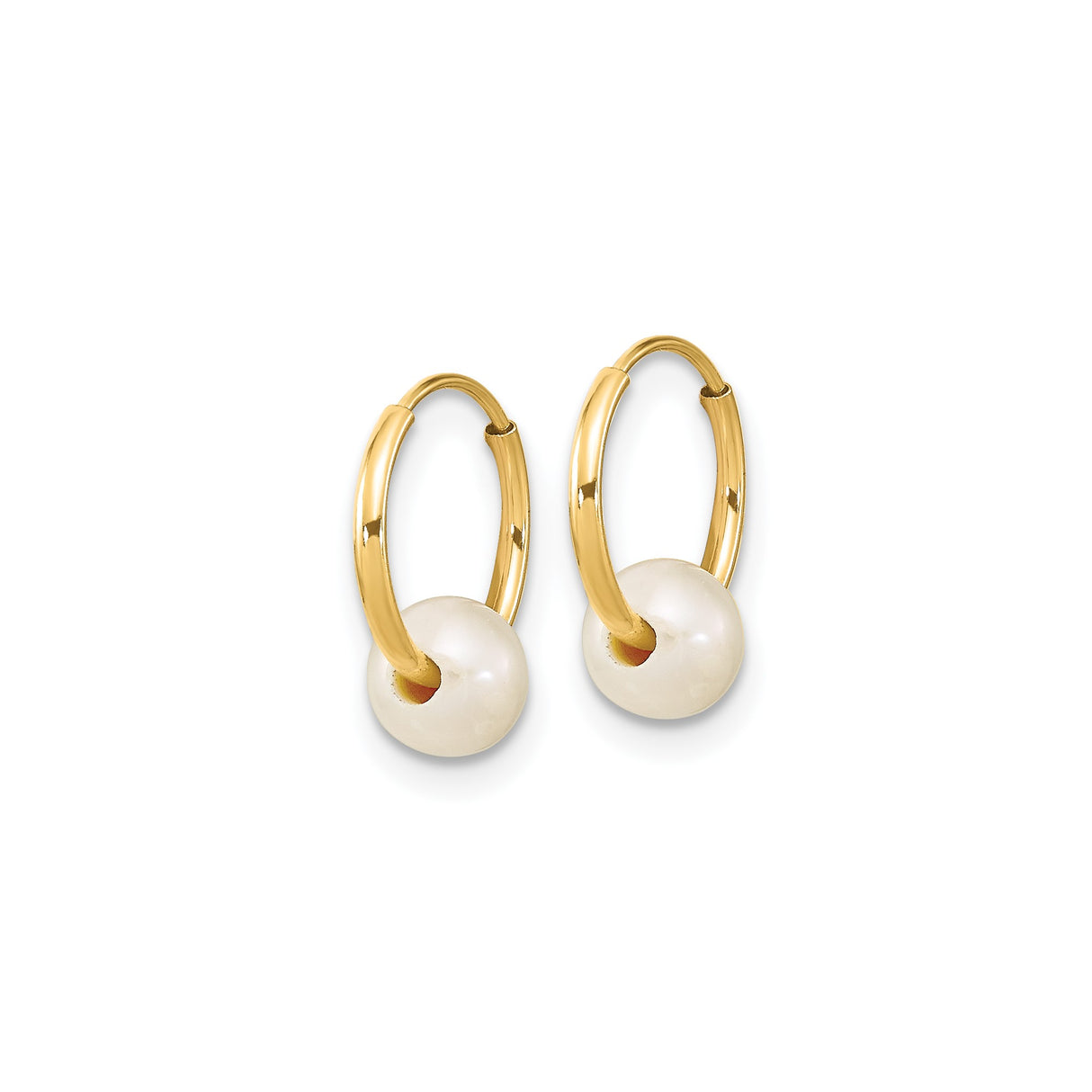 14k Yellow Gold Hoop Earrings with White Freshwater Pearl Drops, Minimalist Design