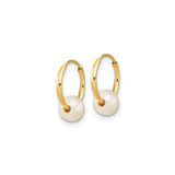 14k Yellow Gold Hoop Earrings with White Freshwater Pearl Drops, Minimalist Design