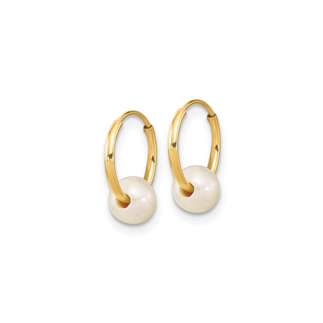 14k Yellow Gold Hoop Earrings with White Freshwater Pearl Drops, Minimalist Design