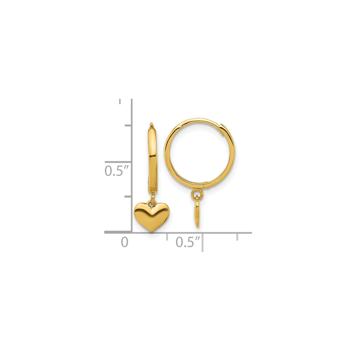 14k Yellow Gold Hoop Earrings with Dangling Heart Charms, Lightweight Polished Design for Women