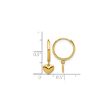 14k Yellow Gold Hoop Earrings with Dangling Heart Charms, Lightweight Polished Design for Women