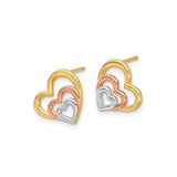 14k Yellow Gold Heart Stud Earrings with Triple Open Heart Design, Multi-Tone Style for Women