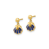 14k Yellow Gold Dangle Stud Earrings with Blue Enamel Scallop Shell Charms, Camino de Santiago Style