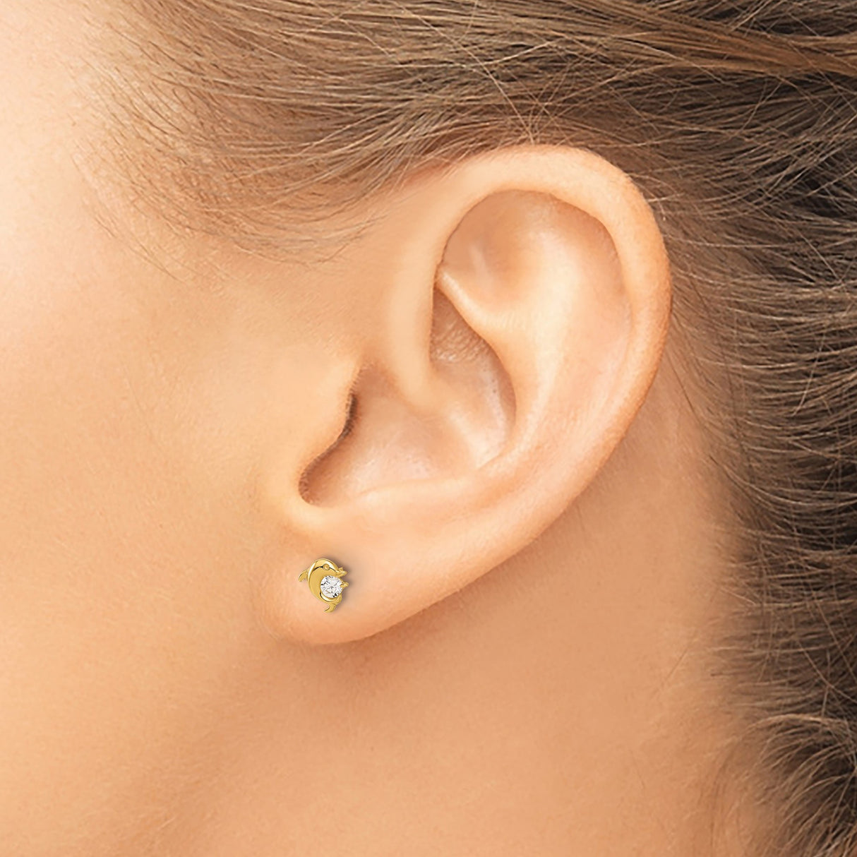 14k Yellow Gold Dolphin Stud Earrings with Cubic Zirconia Center, Ocean Animal Theme