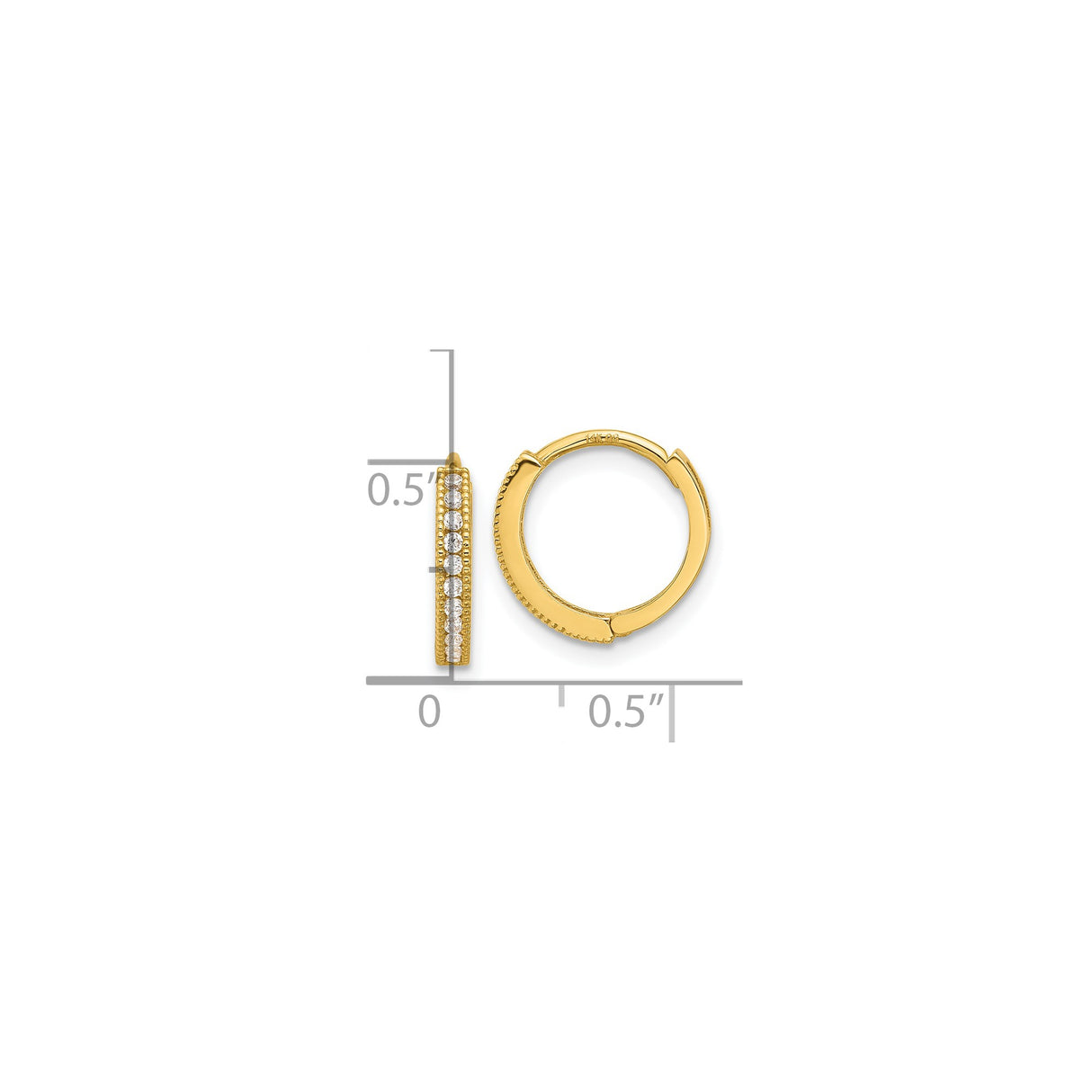 14k Yellow Gold Huggie Hoop Earrings with Cubic Zirconia, Milgrain Detail, Classic Style for Women