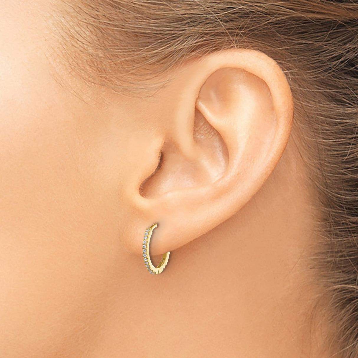14k Yellow Gold Hoop Earrings with Cubic Zirconia Accents, Polished Round Design for Women
