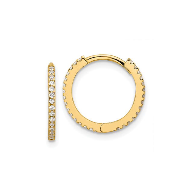 14k Yellow Gold Hoop Earrings with Cubic Zirconia, Diamond Cut, Sleek Round Design