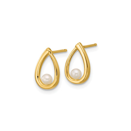 14k Yellow Gold Teardrop Stud Earrings with White Pearl, Minimalist Design for Women
