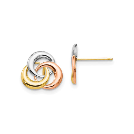14k Tri Color Gold Love Knot Stud Earrings for Women with Interlocking Yellow White Rose Circles, Symbolic Unity Design, Fine Jewelry for Daily Wear, Classic Three Tone Metal Studs