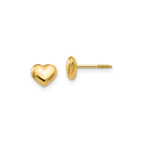 14k Yellow Gold Heart Stud Earrings, Puffed Design with Polished Finish for Women