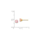 14k Yellow Gold Stud Earrings with Round Cut Pink Cubic Zirconia in Four Prong Setting