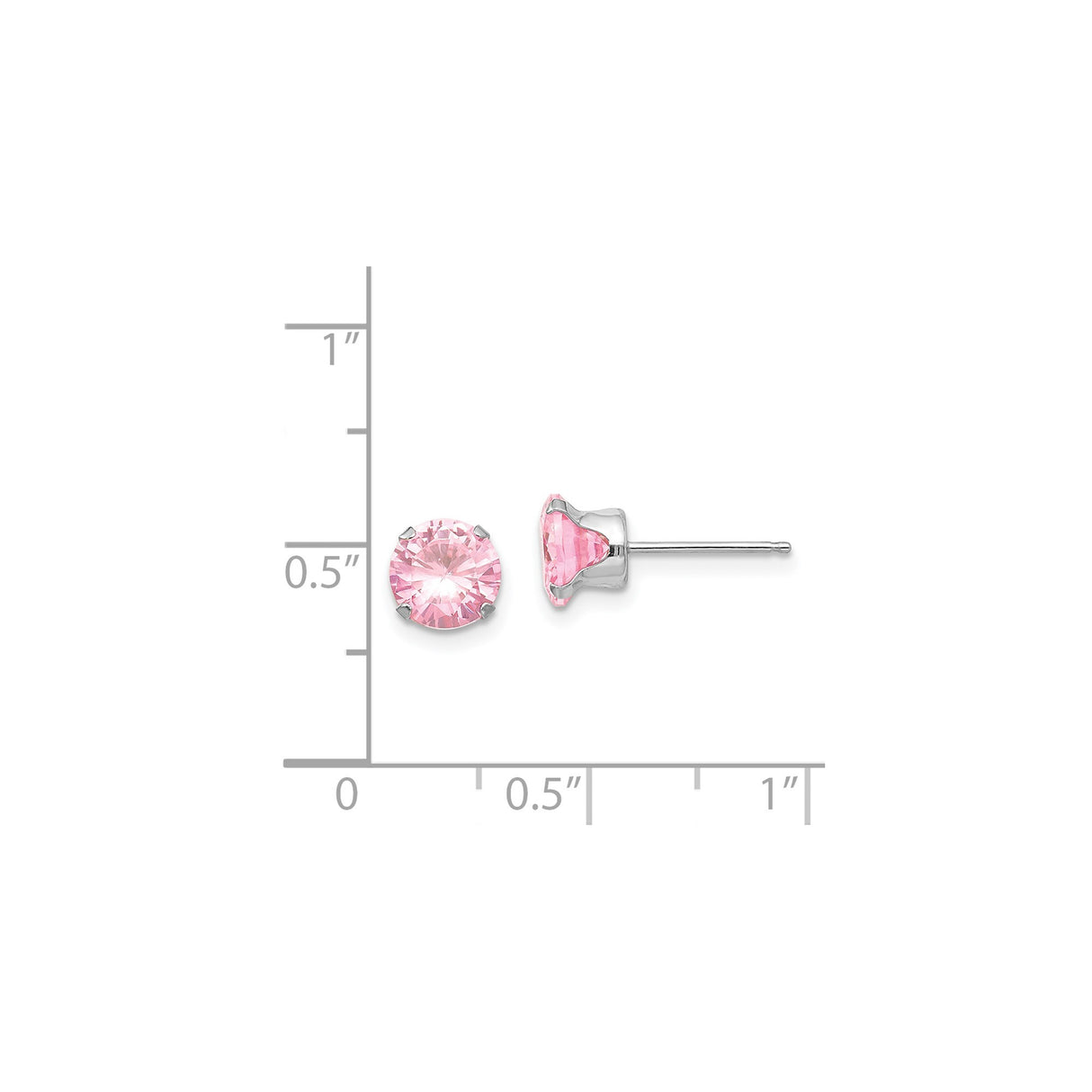 14k White Gold Stud Earrings with Round Cut Pink Cubic Zirconia in Four Prong Setting