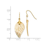 14k Yellow Gold Dangle Earrings with Carved Mother of Pearl Leaf Design, Boho Nature Style Jewelry