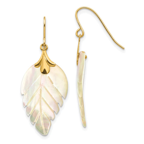 14k Yellow Gold Dangle Earrings with Carved Mother of Pearl Leaf Design, Boho Nature Style Jewelry