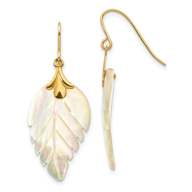 14k Yellow Gold Dangle Earrings with Carved Mother of Pearl Leaf Design, Boho Nature Style Jewelry