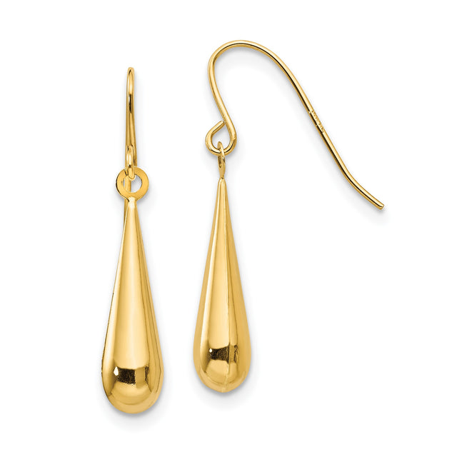 14k Yellow Gold Teardrop Dangle Earrings, Sleek Polished Minimalist Drop Design for Women
