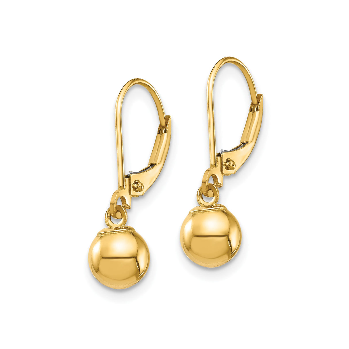 14k Yellow Gold Dangle Ball Earrings with Leverback Clasps, Polished Sphere Drop Design