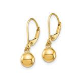 14k Yellow Gold Dangle Ball Earrings with Leverback Clasps, Polished Sphere Drop Design