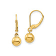 14k Yellow Gold Dangle Ball Earrings with Leverback Clasps, Polished Sphere Drop Design