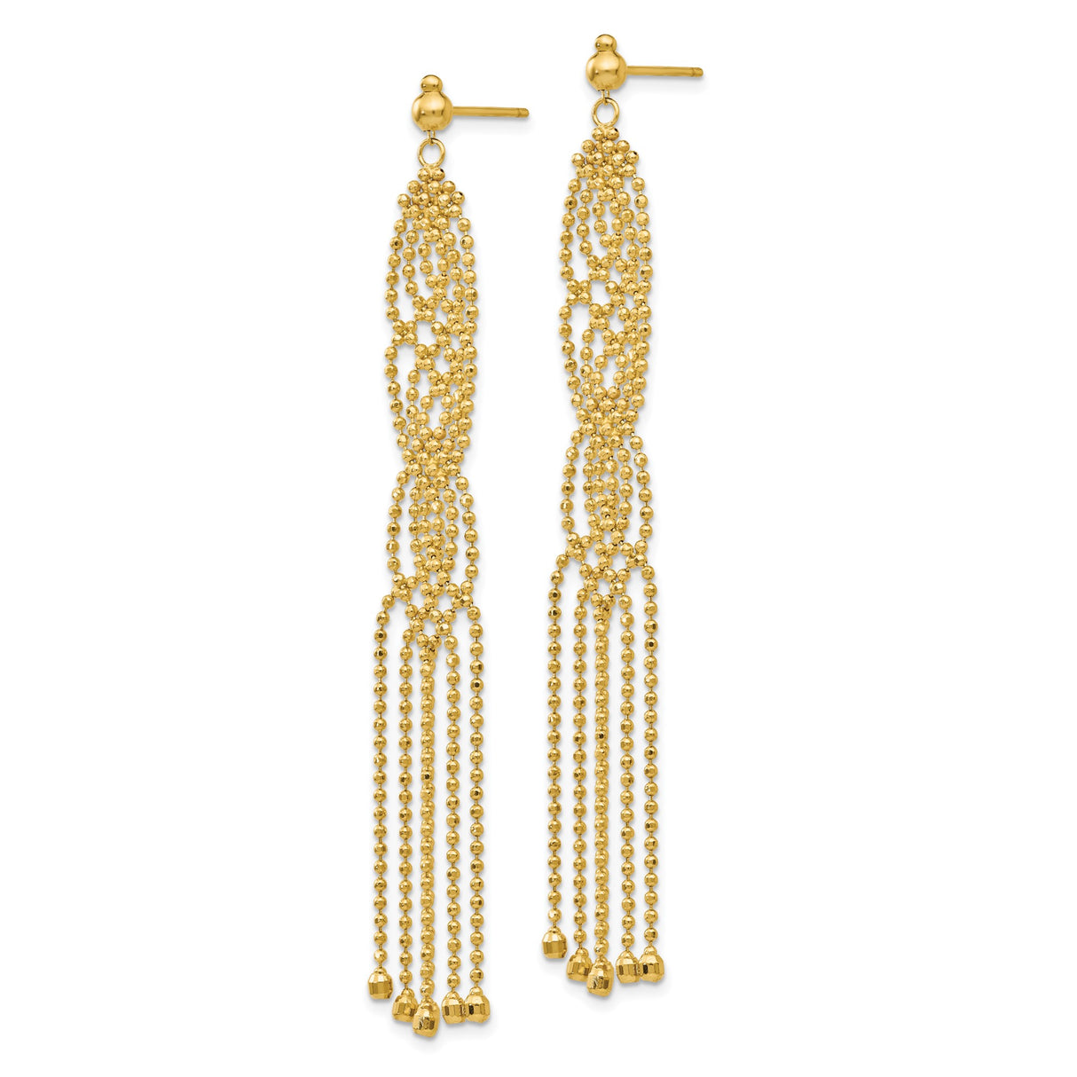 14k Yellow Gold Dangle Earrings with Beaded Chain Drops, Cascading Fringe, Lattice Design