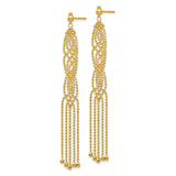 14k Yellow Gold Dangle Earrings with Beaded Chain Drops, Cascading Fringe, Lattice Design