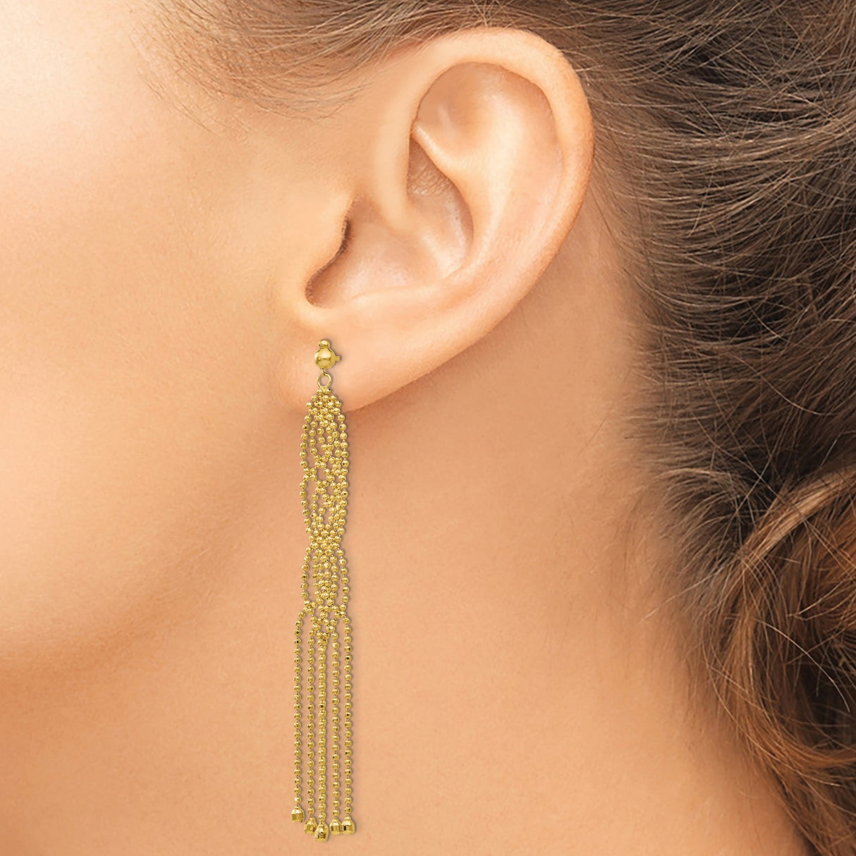 14k Yellow Gold Dangle Earrings with Beaded Chain Drops, Cascading Fringe, Lattice Design