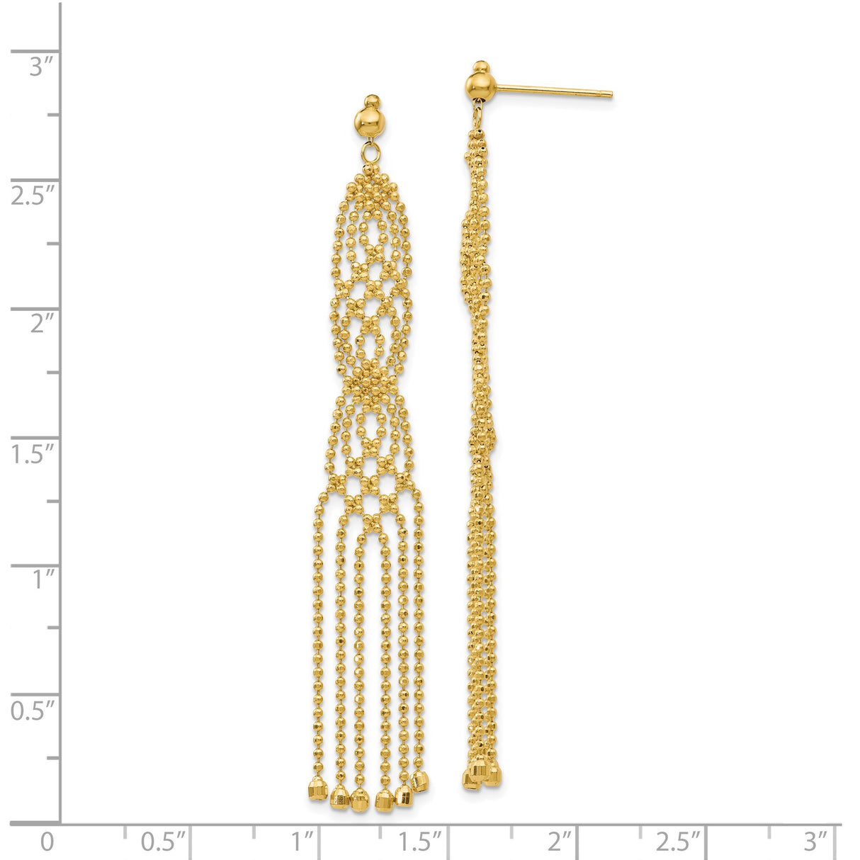 14k Yellow Gold Dangle Earrings with Beaded Chain Drops, Cascading Fringe, Lattice Design