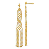 14k Yellow Gold Dangle Earrings with Beaded Chain Drops, Cascading Fringe, Lattice Design