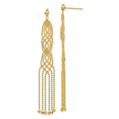 14k Yellow Gold Dangle Earrings with Beaded Chain Drops, Cascading Fringe, Lattice Design