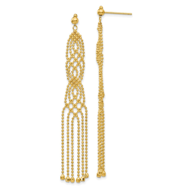 14k Yellow Gold Dangle Earrings with Beaded Chain Drops, Cascading Fringe, Lattice Design