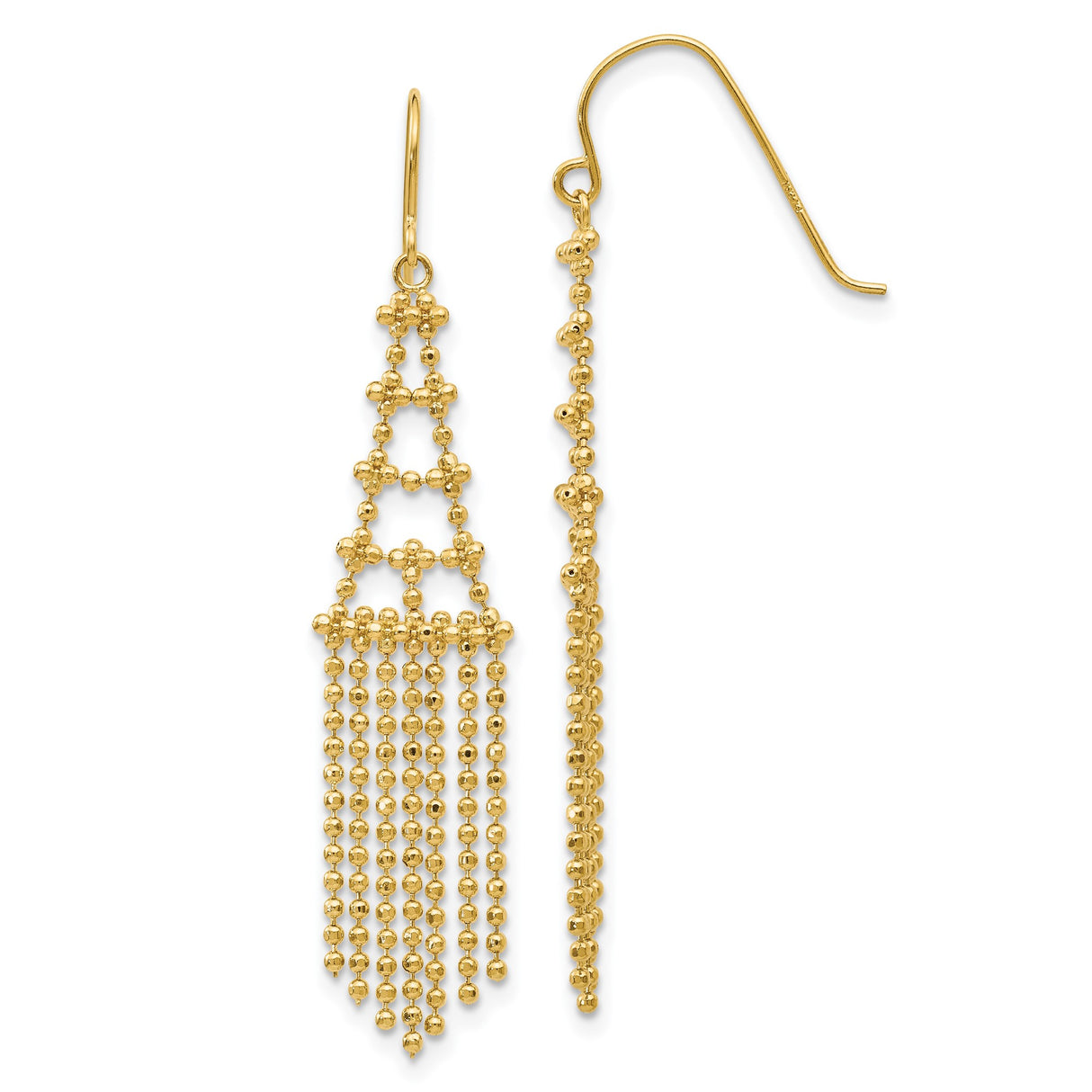 14k Yellow Gold Chandelier Dangle Earrings with Cascading Beaded Fringe Design for Women