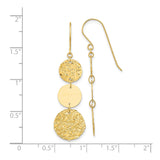 14k Yellow Gold Dangle Earrings with Three Textured Polished Disc Drops, Modern Hammered Design